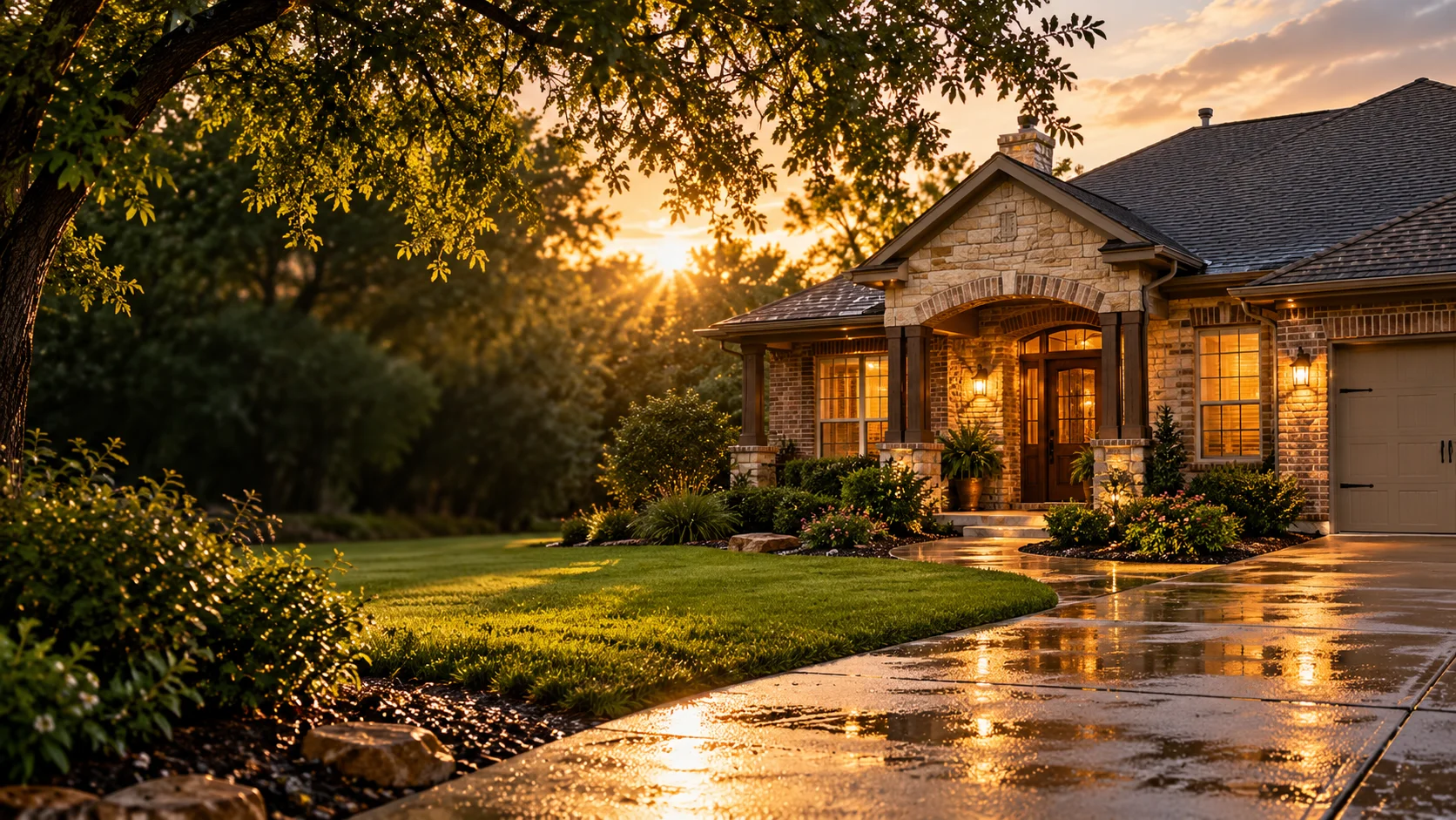 Illustrative welcoming Texas-style home at sunset