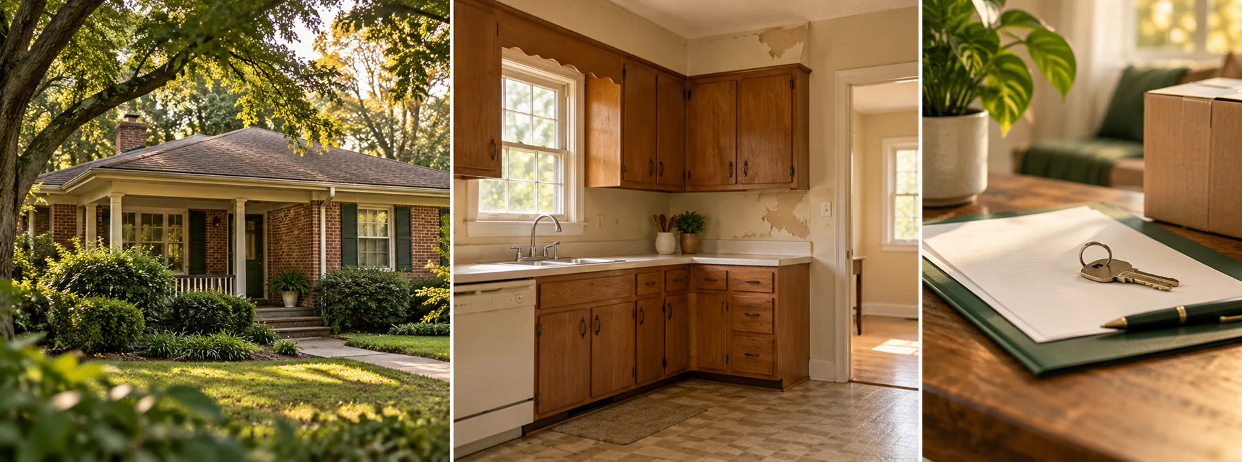 Illustrative scenes of an inherited family home, a kitchen needing repairs, and keys with moving paperwork