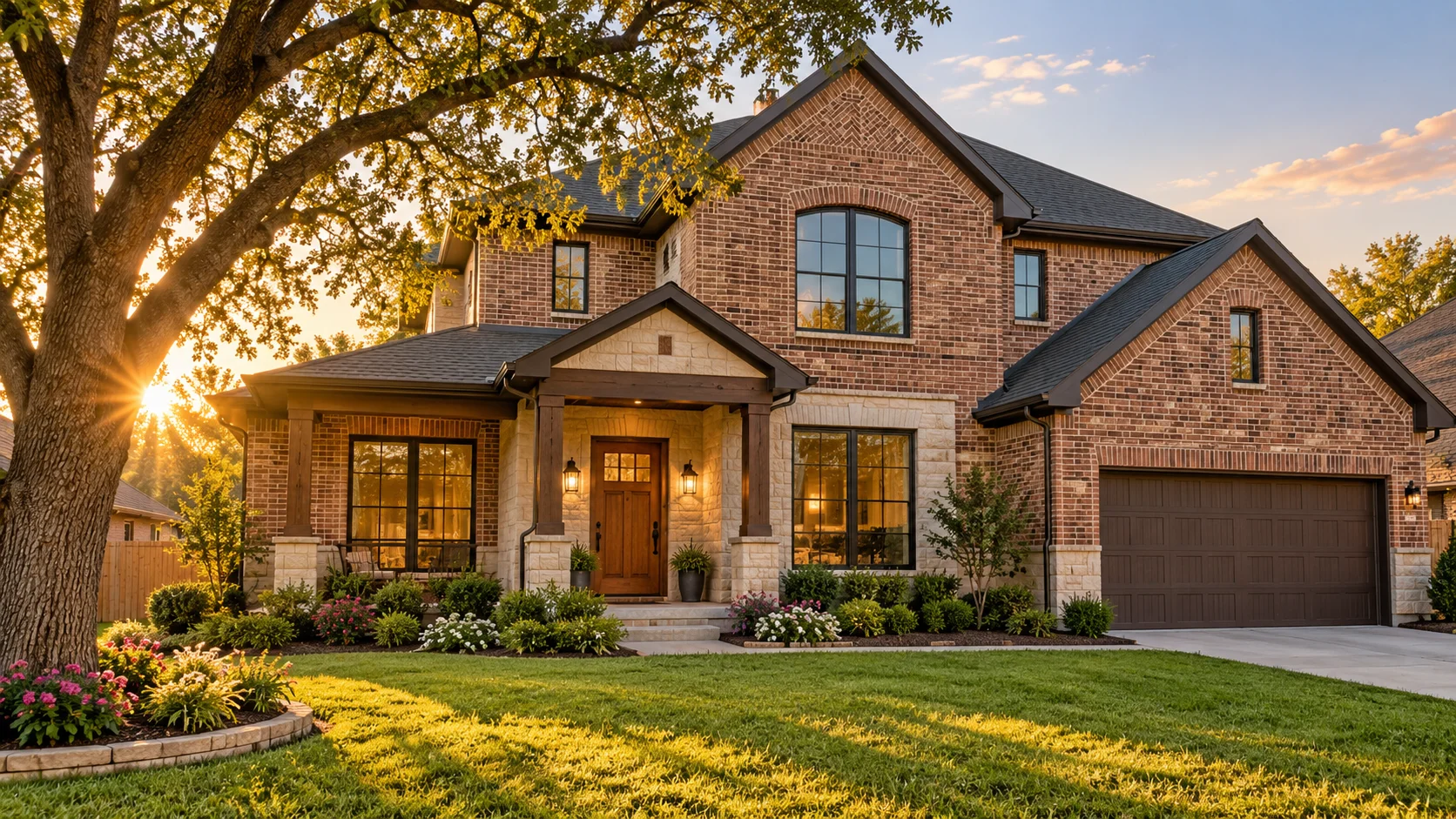 Illustrative traditional-modern brick and stone family home at golden hour